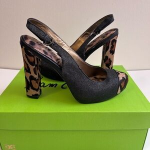 Sam Edelman Black and Leopard Print Women's Slingback Heels Block Heel size 7.5